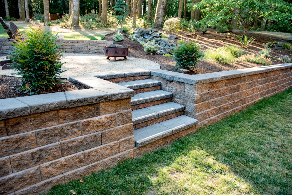 Landscaping and hardscape construction with concrete bricks and garden beds